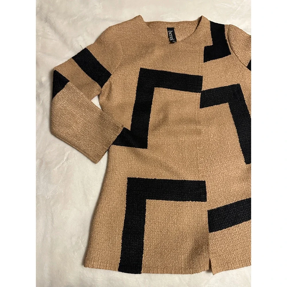 Berek Women Tan‎ Black Geometric Textured Open Front Cardigan Jacket PXS